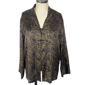 Chicos Design 100% Silk Frog Clasp Top BlouseSize L (2), Black Gold Mandarin